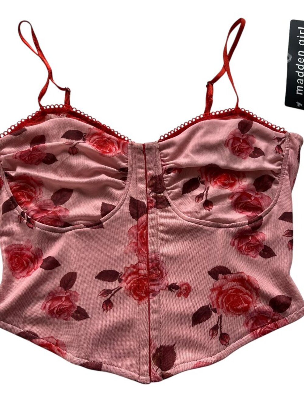 Madden Girl Corset tank top pink red rose floral print cropped Medium